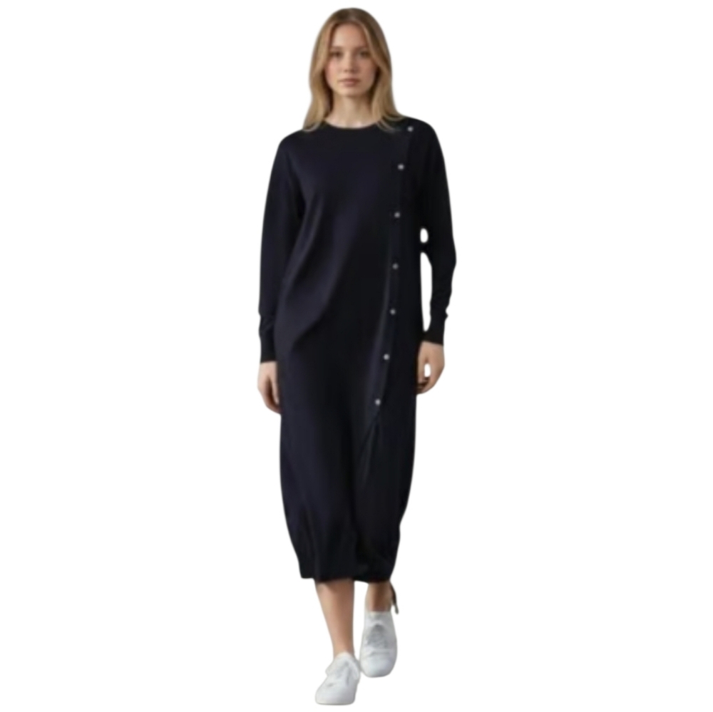 Zara Wool-Blend Navy Blue Long Sleeve Minimalist Knit Midi Dress Sz M